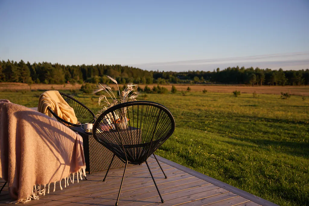 The terrace looks out over the fields
