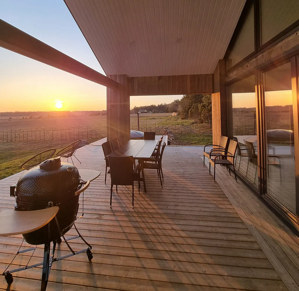 Terrace with grill at sunset